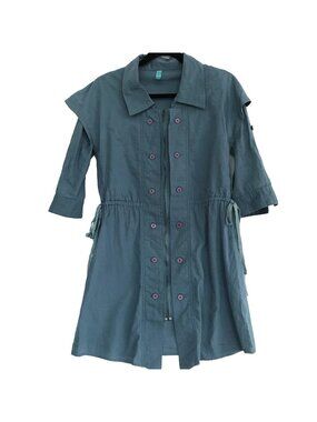 Uhma Small Steel Blue Mini Dress Cotton Collar 3/4 Tab Sleeve Full Front Zip